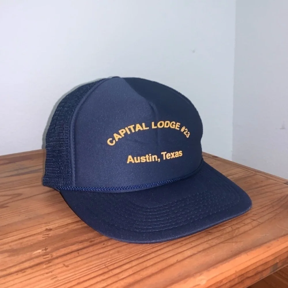 Vintage Capital Lodge 23 Austin TX Trucker Hat Navy Gold ATX